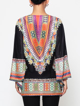 Casual Assorted Colors Tribal Printed Batwing Mandarin Sleeve V Neck Blouse