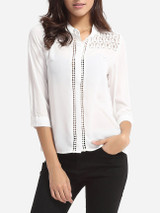 Casual Hollow Out Plain Chic Band Collar Blouse Casual Hollow Out Plain Chic Band Collar Blouse