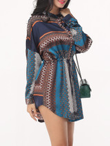 Casual Bohemian Printed Drawstring Captivating Band Collar Blouse