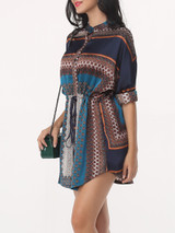 Casual Bohemian Printed Drawstring Captivating Band Collar Blouse