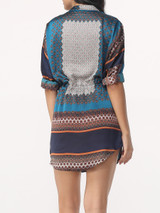 Casual Bohemian Printed Drawstring Captivating Band Collar Blouse