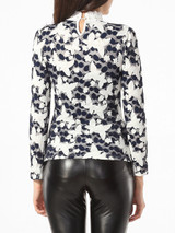 Casual High Neck Beading Lace Floral Printed Mesh Patchwork Blouse