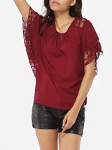 Casual Batwing Round Neck Chiffon Lace Hollow Out Lace Patchwork Plain Blouse Casual Batwing Round Neck Chiffon Lace Hollow Out Lace Patchwork Plain Blouse