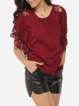 Casual Batwing Round Neck Chiffon Lace Hollow Out Lace Patchwork Plain Blouse Casual Batwing Round Neck Chiffon Lace Hollow Out Lace Patchwork Plain Blouse