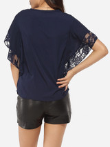 Casual Batwing Round Neck Chiffon Lace Hollow Out Lace Patchwork Plain Blouse Casual Batwing Round Neck Chiffon Lace Hollow Out Lace Patchwork Plain Blouse