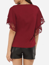 Casual Batwing Round Neck Chiffon Lace Hollow Out Lace Patchwork Plain Blouse Casual Batwing Round Neck Chiffon Lace Hollow Out Lace Patchwork Plain Blouse