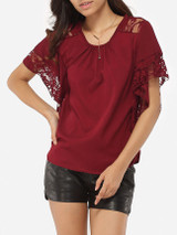 Casual Batwing Round Neck Chiffon Lace Hollow Out Lace Patchwork Plain Blouse Casual Batwing Round Neck Chiffon Lace Hollow Out Lace Patchwork Plain Blouse