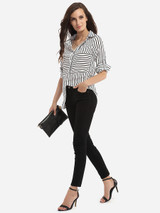 Casual Single Breasted Polo Collar Dacron Striped Blouse