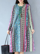 Casual Round Neck Pocket Printed Vertical Striped Shift Dress