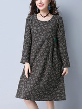 Casual Round Neck Midi Loose Pocket Printed Shift Dress Casual Round Neck Midi Loose Pocket Printed Shift Dress