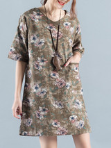 Casual V-Neck Shift Dress With Patch Pocket In Floral Printed