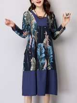 Casual Slit Pocket Feather Printed Shift Dress