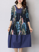 Casual Slit Pocket Feather Printed Shift Dress