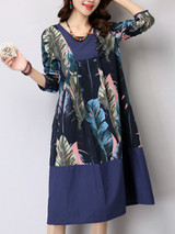 Casual Slit Pocket Feather Printed Shift Dress