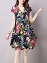 Casual Split Neck Floral Printed Sack Shift Dress