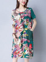 Casual Round Neck Decorative Button Printed Shift Dress With Patch Pocket