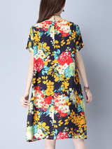 Casual Round Neck Decorative Button Printed Shift Dress With Patch Pocket