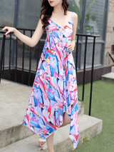 Casual Spaghetti Strap Printed Chiffon Maxi Dress With Asymmetric Hem