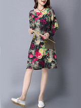 Casual Round Neck Patch Pocket Printed Shift Dress