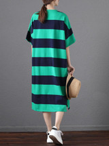 Casual Round Neck Color Block Striped Loose Maxi Dress