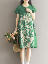 Casual Round Neck Ruffle Trim Printed Shift Dress