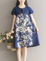 Casual Round Neck Ruffle Trim Printed Shift Dress