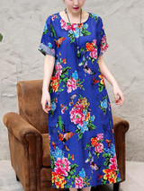 Casual Round Neck Floral Printed Loose Maxi Dress