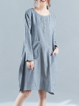 Casual Vertical Striped Pocket Decorative Button Shift Dress