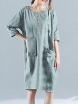 Casual Vertical Striped Pocket Decorative Button Shift Dress