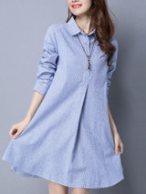 Casual Turn Down Collar Vertical Striped Shift Dress
