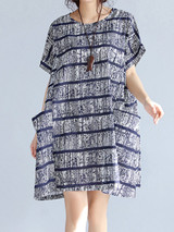 Casual Round Neck Patch Pocket Striped Oversized Shift Dress