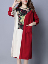 Casual Round Neck Patch Pocket Color Block Printed Maxi Dress