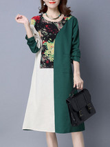Casual Round Neck Patch Pocket Color Block Printed Maxi Dress