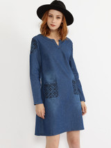 Casual Sweet Heart Patch Pocket Embroidery Shift-dress