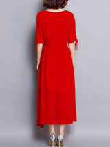 Casual Round Neck Keyhole Solid Chiffon Tie Sleeve Maxi Dress