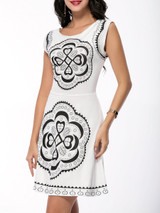 Casual Unique Printed Round Neck Back Hole Skater Dress