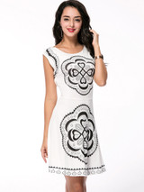 Casual Unique Printed Round Neck Back Hole Skater Dress