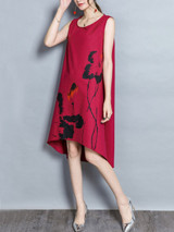 Casual Round Neck Printed High-Low Shift Dress