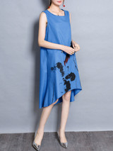 Casual Round Neck Printed High-Low Shift Dress