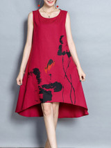 Casual Round Neck Printed High-Low Shift Dress