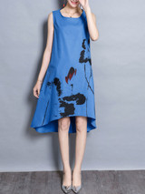 Casual Round Neck Printed High-Low Shift Dress