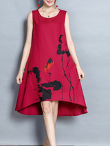 Casual Round Neck Printed High-Low Shift Dress