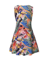 Casual Round Neck Multi-Color Peacock Printed Shift Dress
