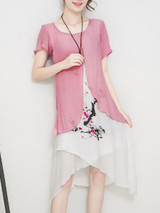 Casual Round Neck Asymmetric Hem Printed Layered Maxi Dress