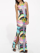 Casual Round Neck Dacron Printed Split Maxi-dress