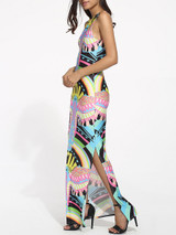 Casual Round Neck Dacron Printed Split Maxi-dress