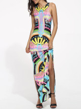 Casual Round Neck Dacron Printed Split Maxi-dress