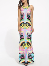 Casual Round Neck Dacron Printed Split Maxi-dress