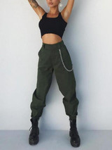 New Army Green Pockets High Waisted Casual Chain Cargo Harem Long Pants