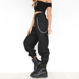 Black Plain Chain Zipper Pockets High Waisted Casual Long Pants
